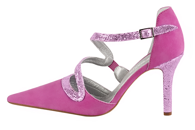 Shocking pink women's open side shoes, with snake-shaped straps. Pointed toe. High slim heel. Profile view - Florence KOOIJMAN